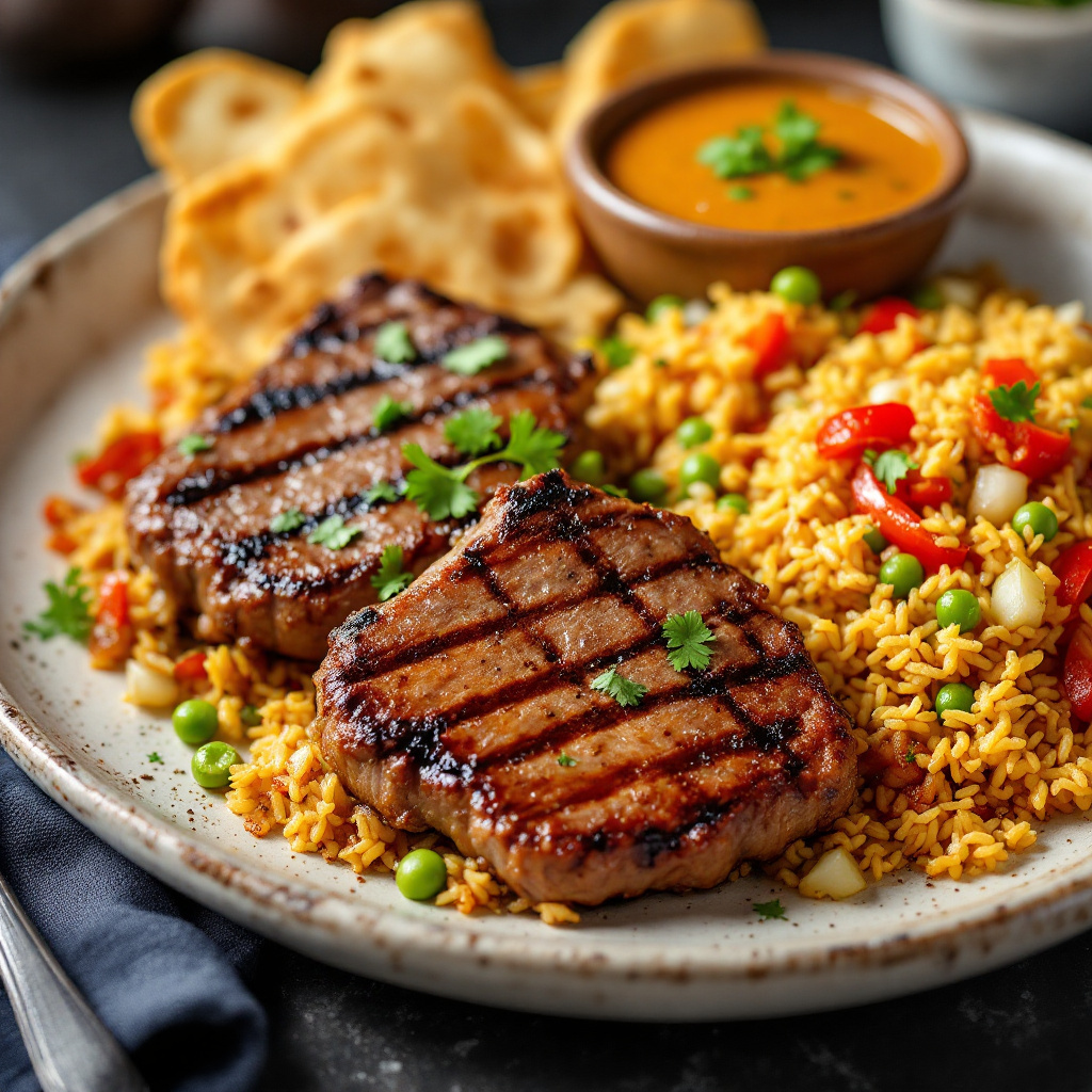 Баранина с рисом и карри Lamb Cutlets with Spiced Rice, Peas and Korma Sauce