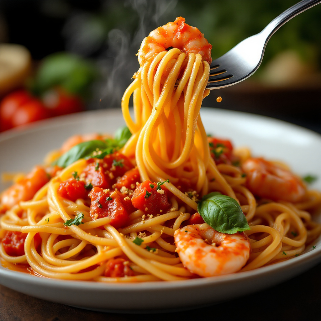 Sicilian Linguine with Prawns in Spiced Tomato Sauce