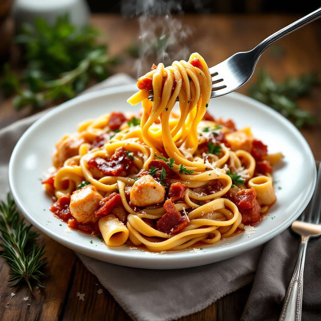 Фузилли с курицей Fusilli Pasta with Chicken, Bacon and Thyme Vegetable Ragout