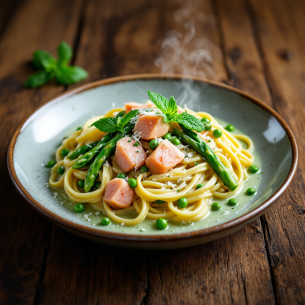 Феттучини с форелью Fettuccine with Smoked Trout, Asparagus and Green Peas