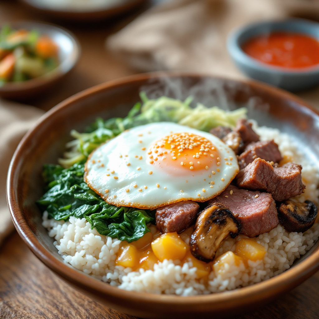 Korean Rice Bowl with Steak, Oyster Mushrooms and Pickled Vegetables