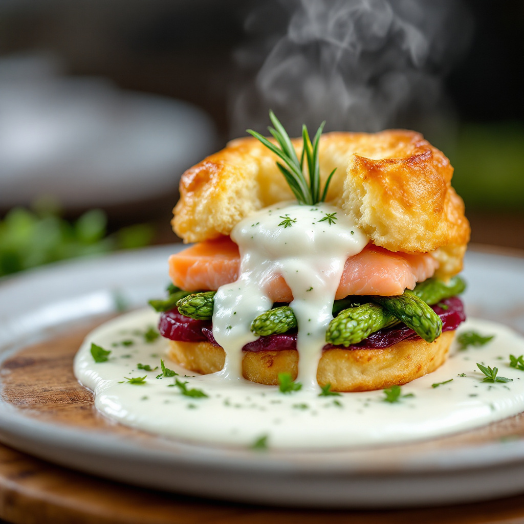 Yorkshire Pudding with Smoked Salmon, Roasted Asparagus and Balsamic Beets