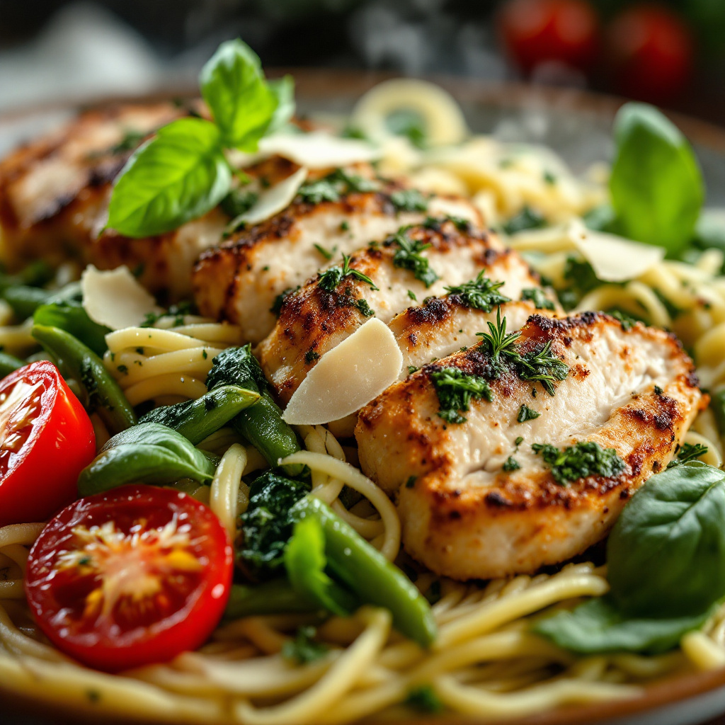 Rosemary Chicken with Fresh Pesto Pasta and Green Beans
