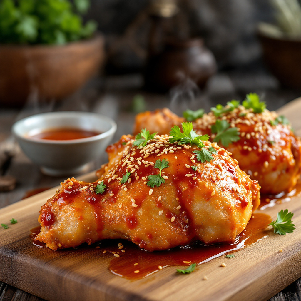Глазированная курица Sesame Glazed Chicken with Watermelon Salad and Crispy Rice Noodles