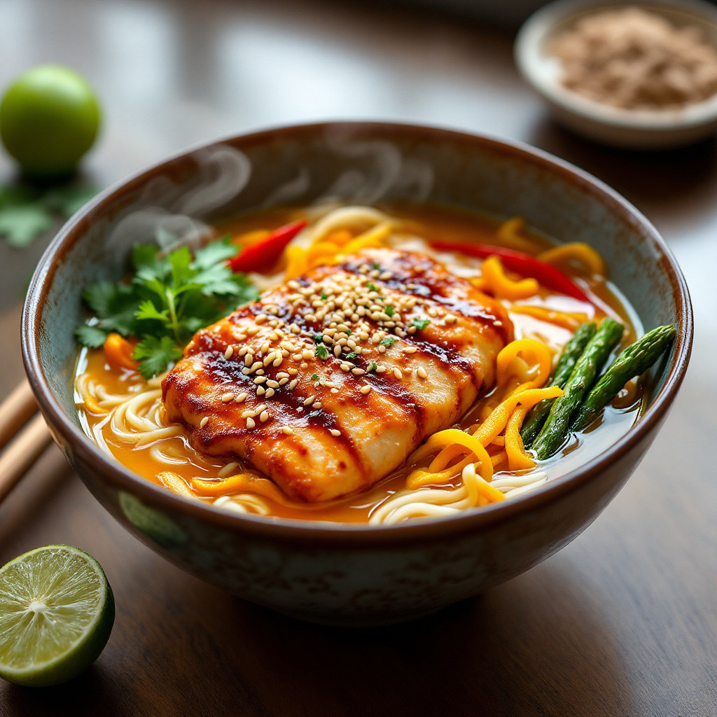 Thai Chicken Laksa with Rice Noodles and Coconut Milk