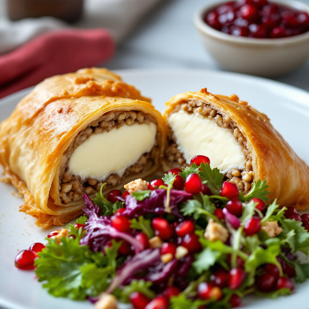 Camembert Phyllo Rolls with Cranberry Dip and Autumn Salad