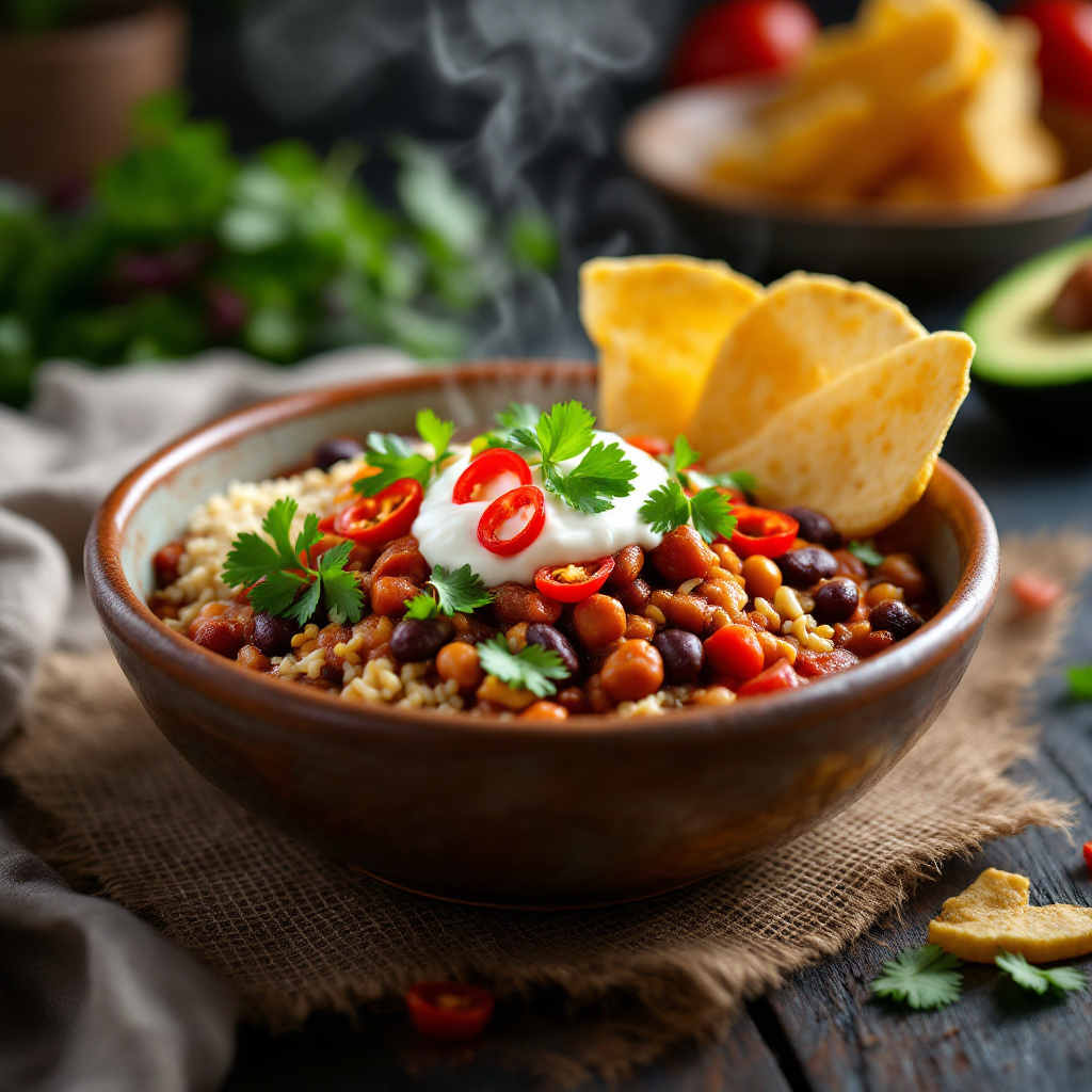 Овощное чили с рисом Vegetarian Bean and Rice Chili with Crispy Tortilla Strips and Avocado Salad
