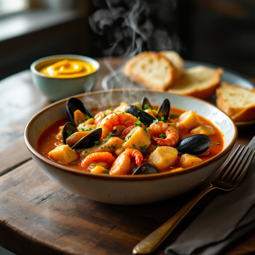 Рыбный суп с морепродуктами Mediterranean Fish and Seafood Stew with Saffron Aioli and Garlic Bread