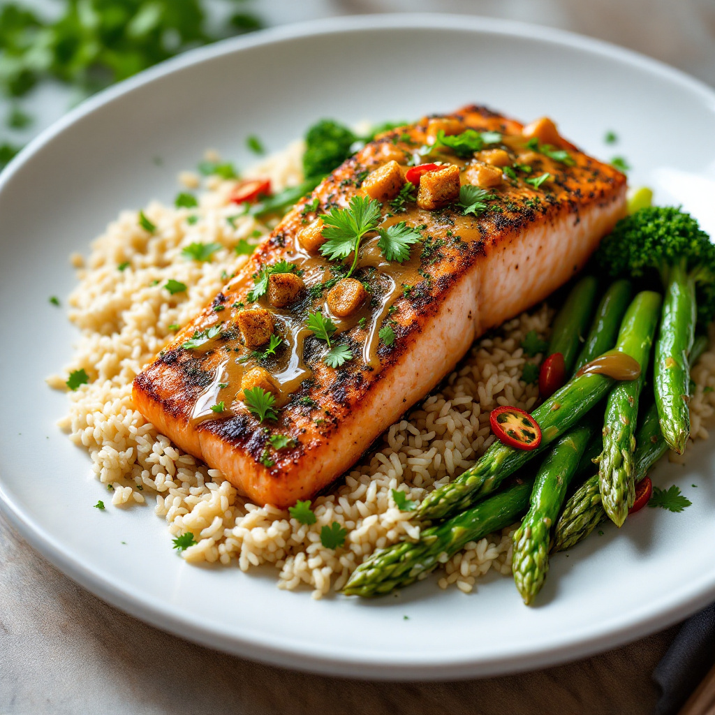 Green Tea Crusted Salmon with Coconut Rice and Miso Vegetables