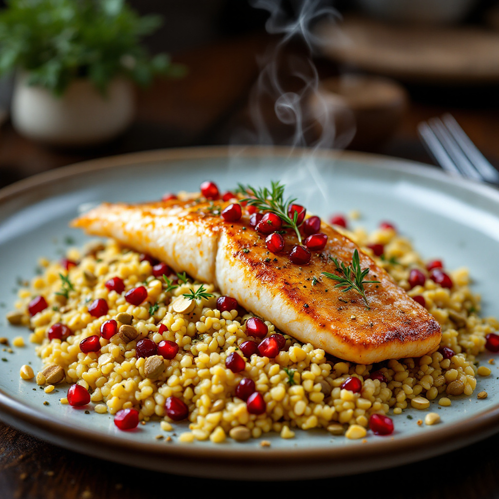 Moroccan Sea Bream with Couscous, Pomegranate and Harissa