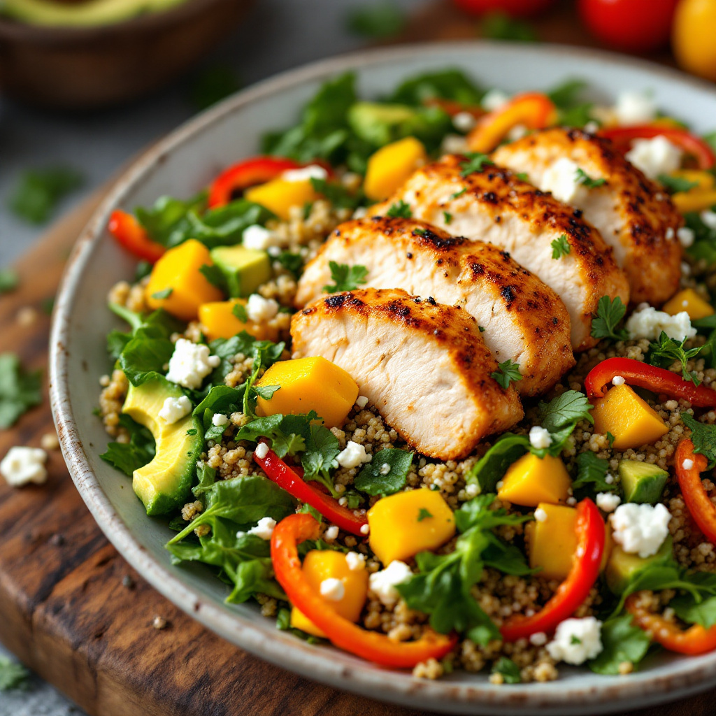 Crispy Chicken Quinoa Mango Salad with Avocado and Feta
