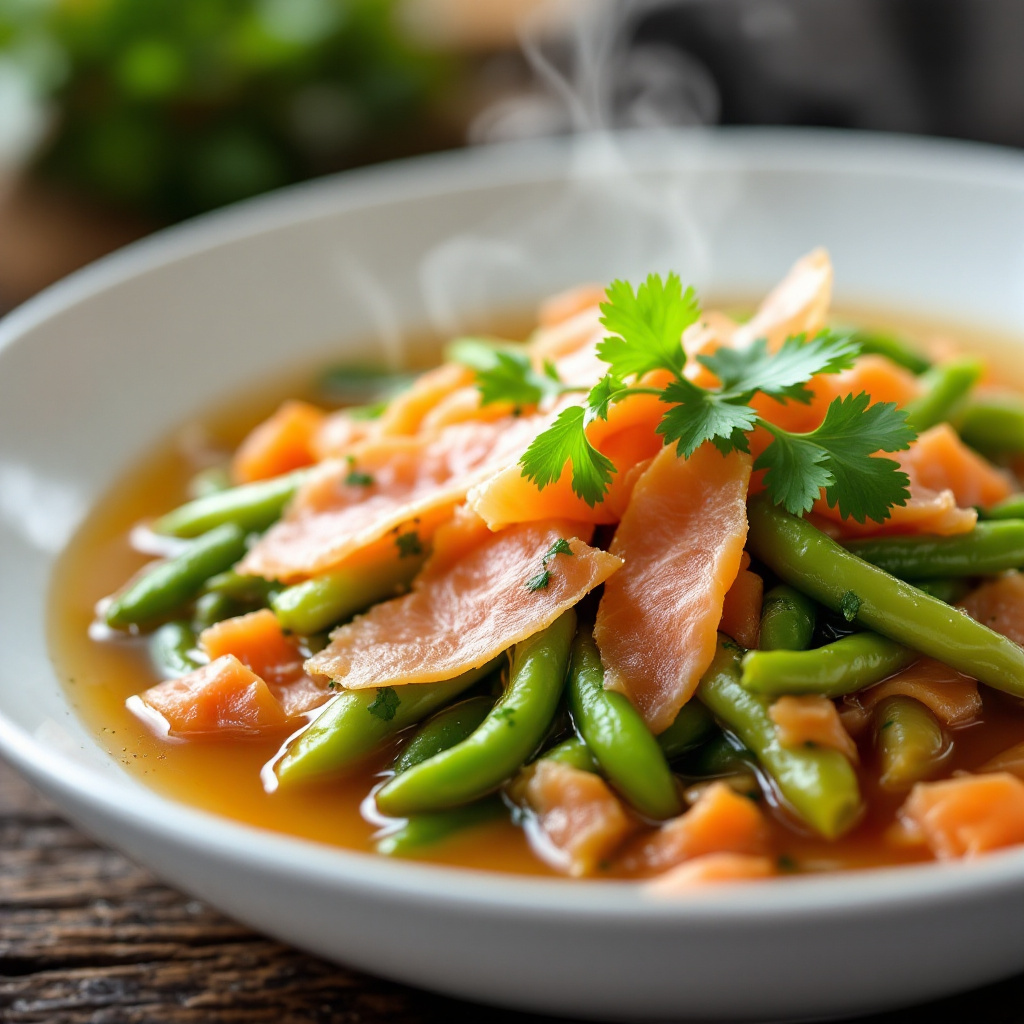 Салат с бобами и копчёным лососем Japanese Fava Bean Salad with Smoked Salmon and Dashi Broth