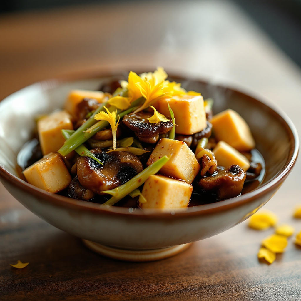 Braised Shiitake Mushrooms with Tofu, Bamboo Shoots and Pickled Chrysanthemum