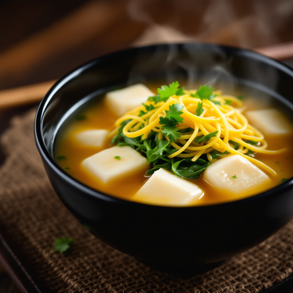 Japanese Tofu and Watercress Soup with Dashi and Egg Ribbons