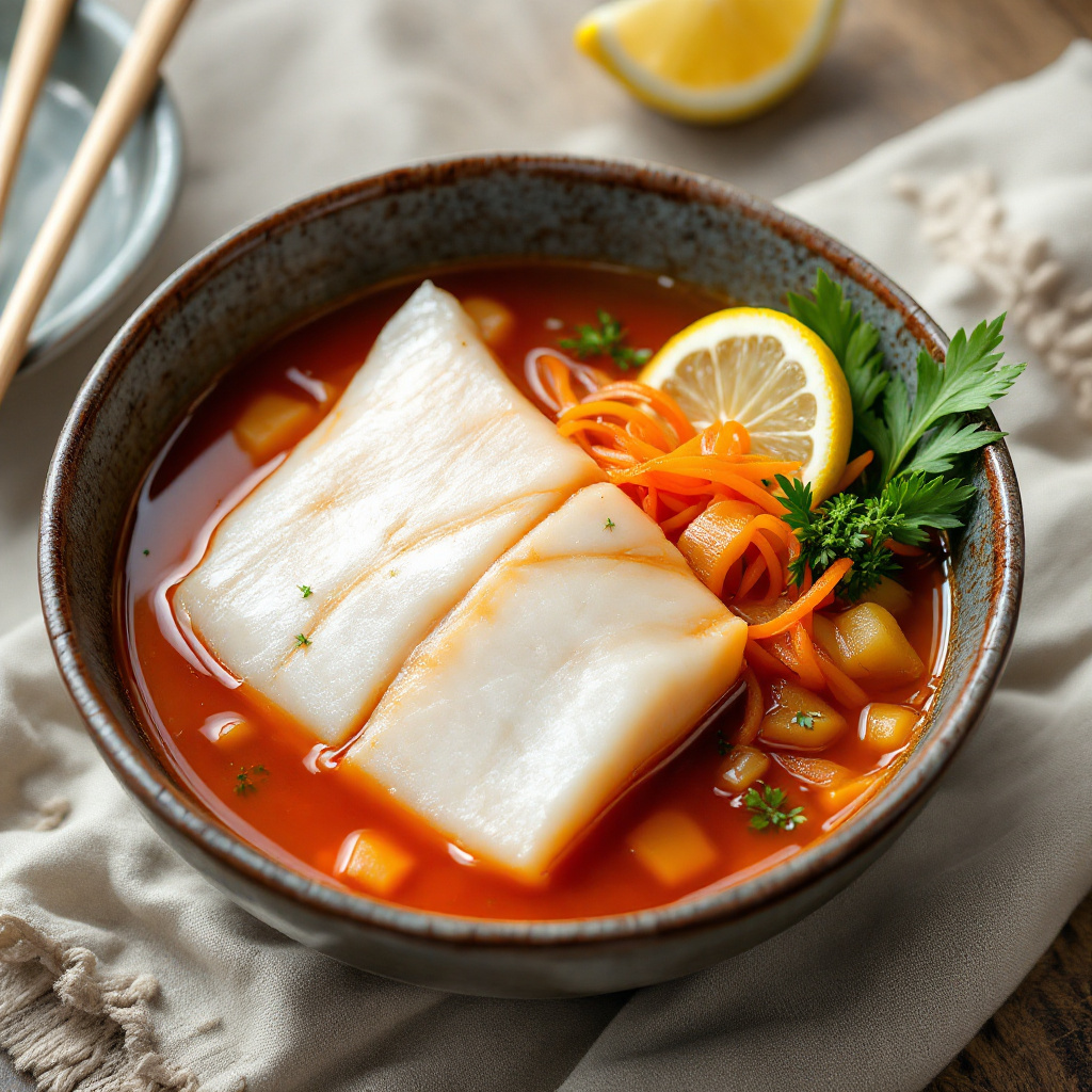 Японская рыбная суп-похлёбка Japanese Halibut Soup with Red Miso Broth and Pickled Vegetables