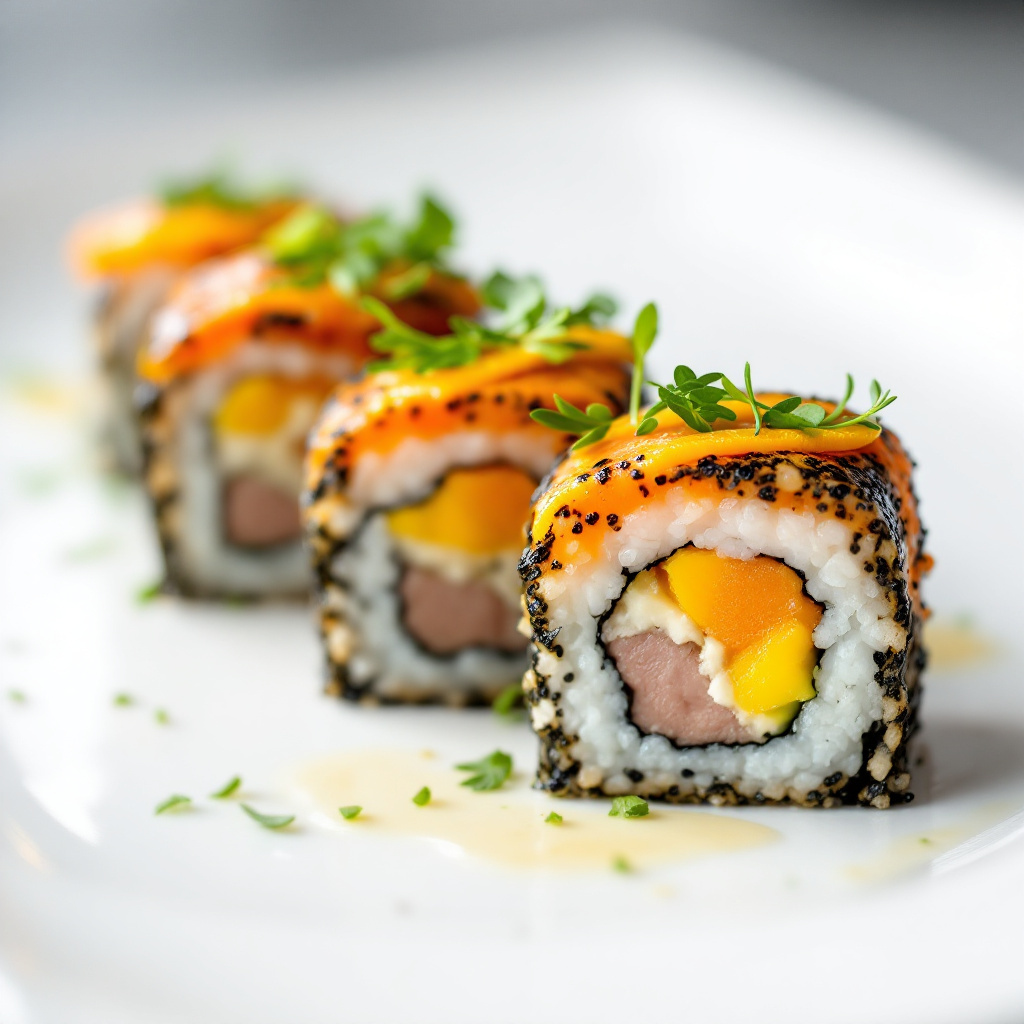 Futomaki Sushi Rolls with Tuna Mango and Smoked Trout Sweet Potato