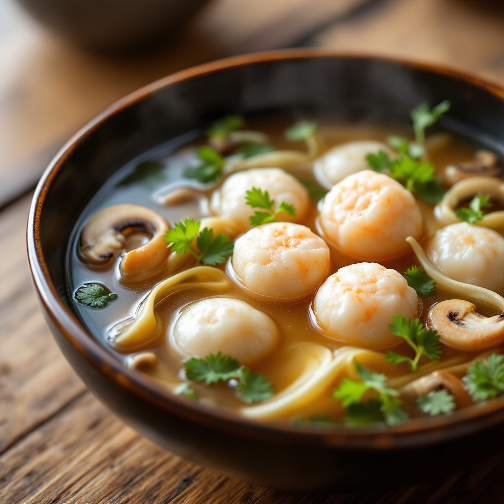 Japanese Mushroom Soup with Shrimp Dumplings and Dashi Broth