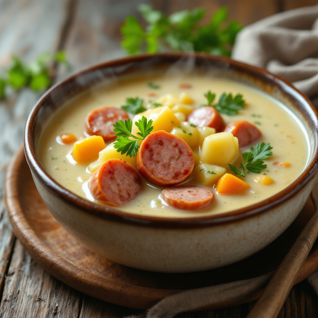 Creamy Potato Soup with Sausages and Vegetables