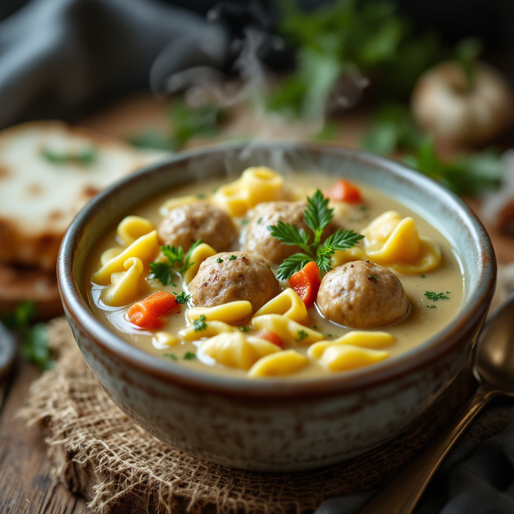 Овощной крем-суп Creamy vegetable soup with beef meatballs and spätzle