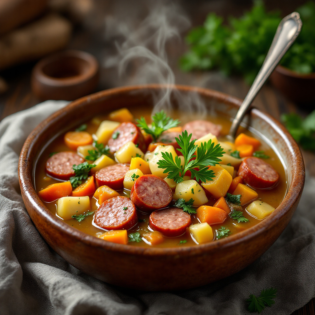 Vegetable soup with sausages and potatoes