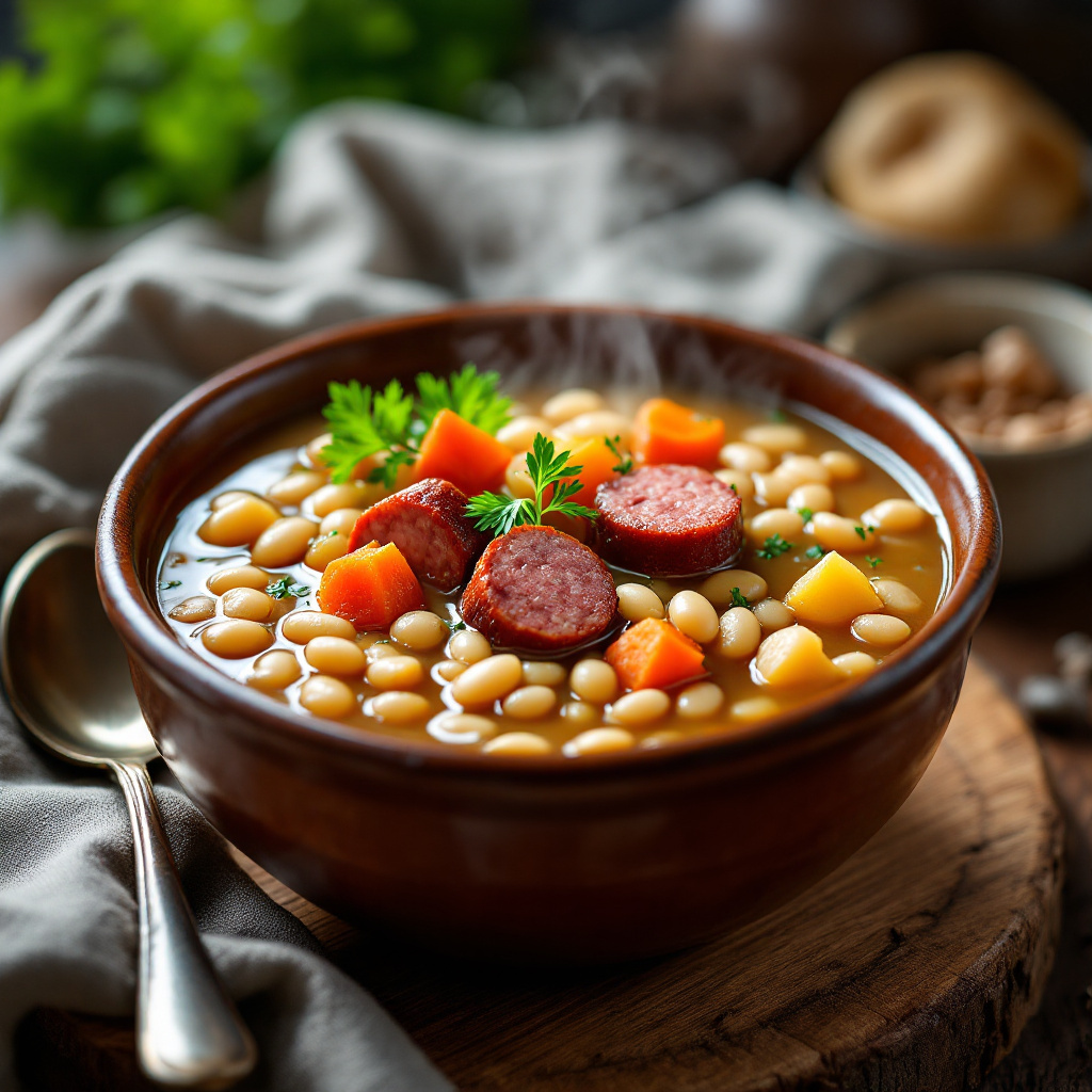 Густой суп с белой фасолью Hearty white bean soup with smoked sausage, vegetables and apple