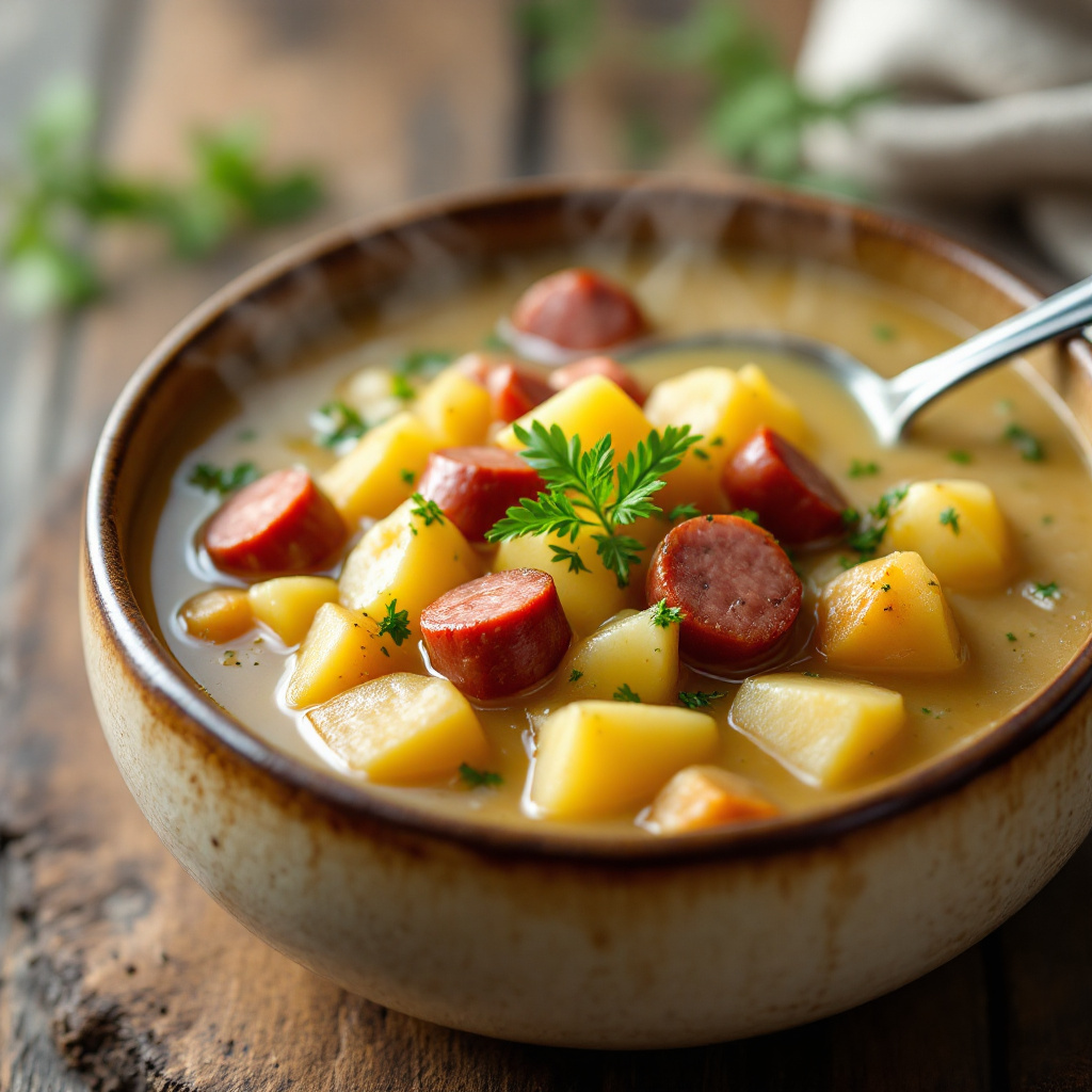 Картофельный суп Potato soup with sausage, zucchini and pickles