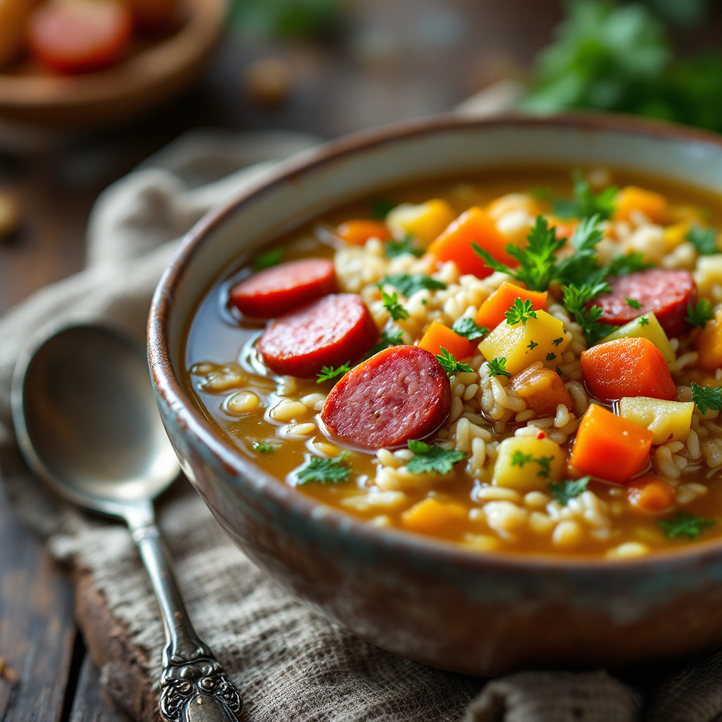 French vegetable soup with rice and sausage