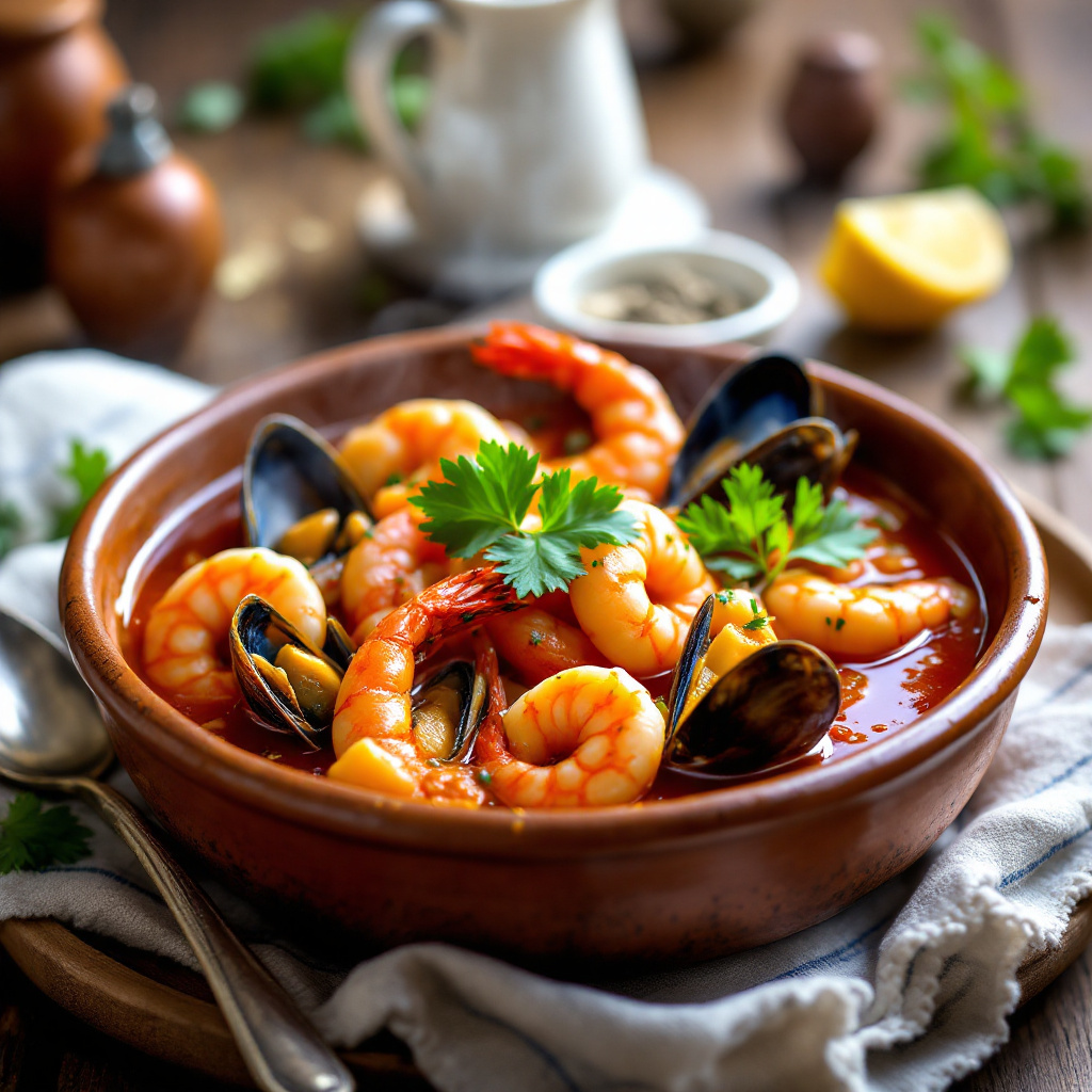 Spanish Seafood Stew with Squid, Shrimp and Mussels