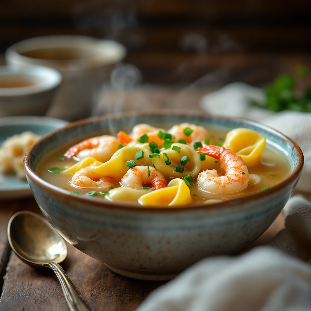 Chicken broth with shrimp and tricolor tortellini