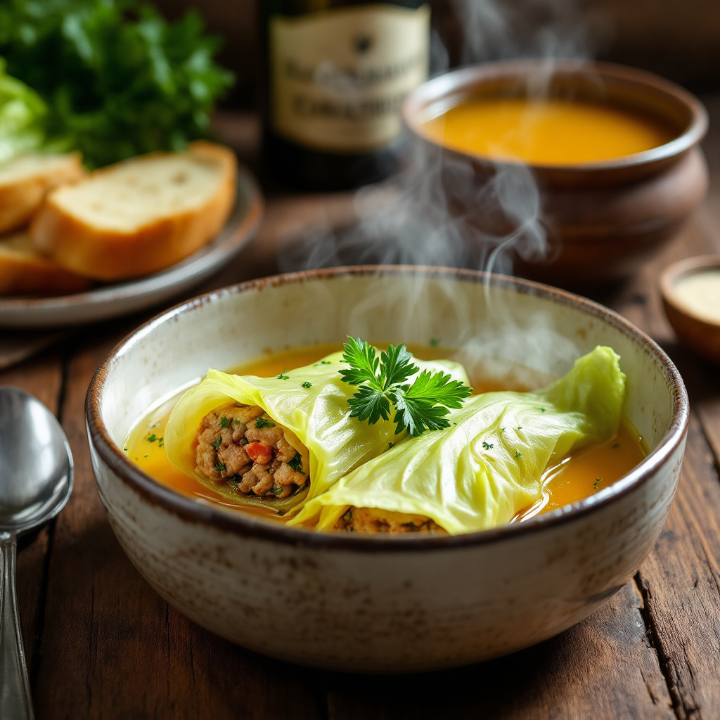 Stuffed lettuce leaves in broth with garlic toast