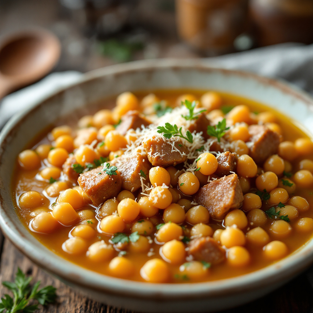 Chickpea soup with pork and smoked bacon