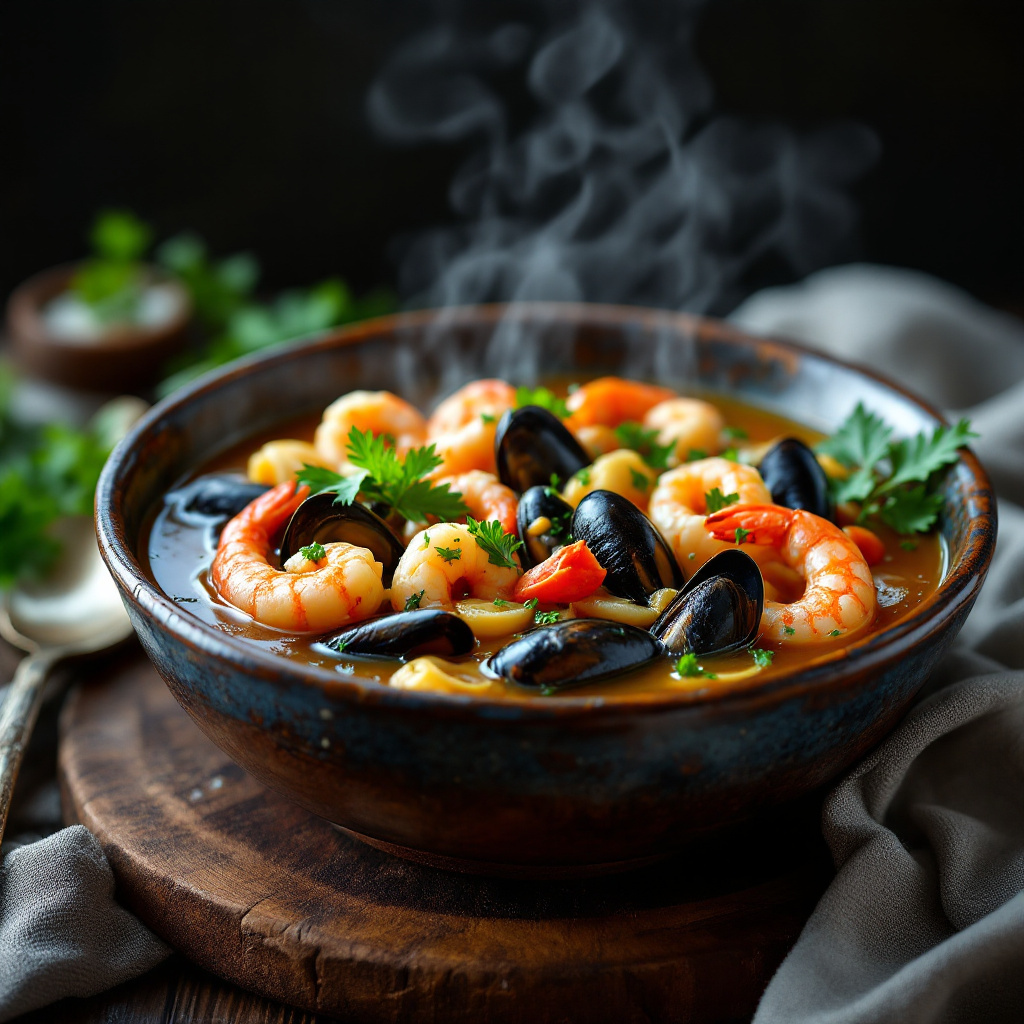 Средиземноморская рыбная уха Mediterranean seafood soup with bay leaves, mussels and prawns