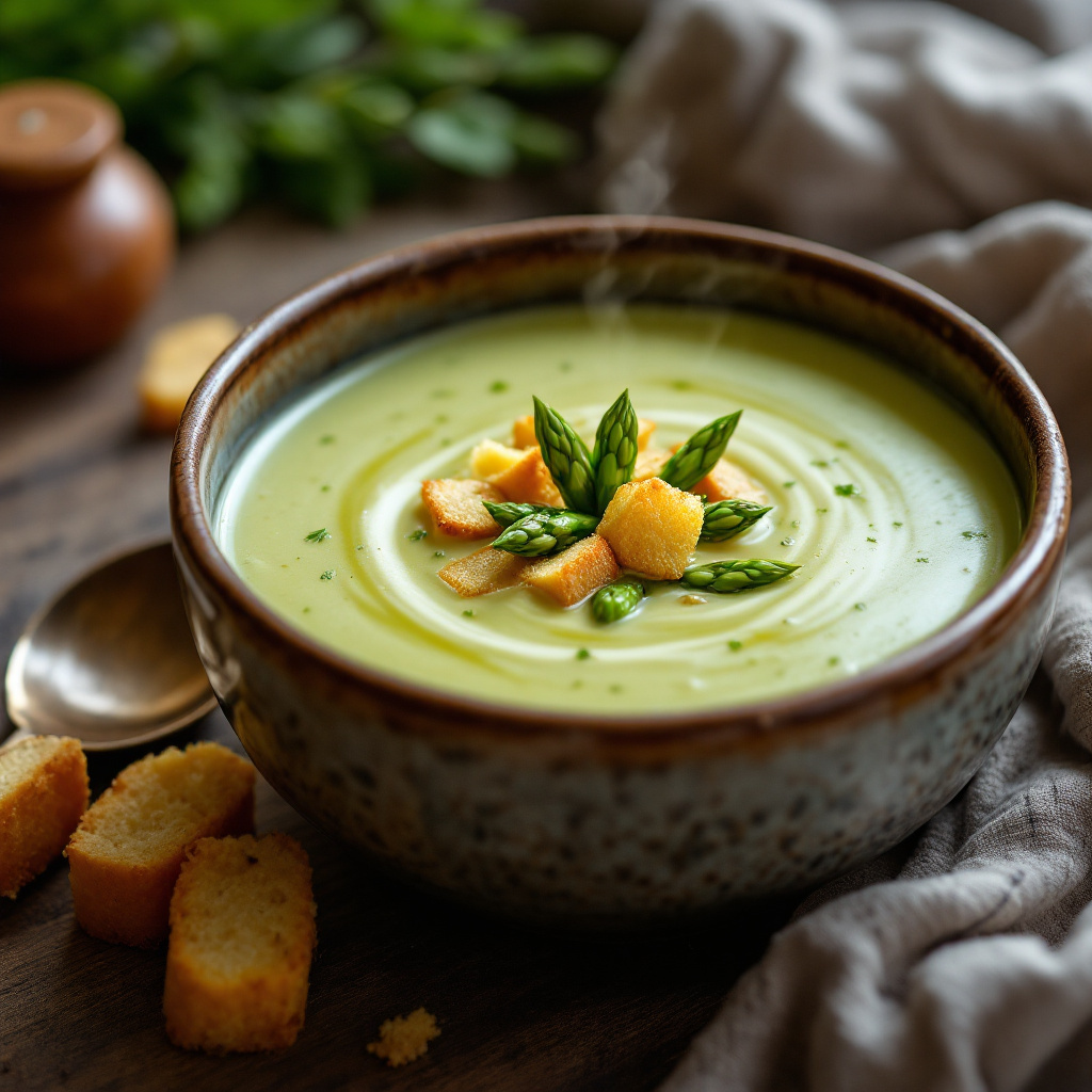Green Asparagus Cream Soup with Garlic Croutons