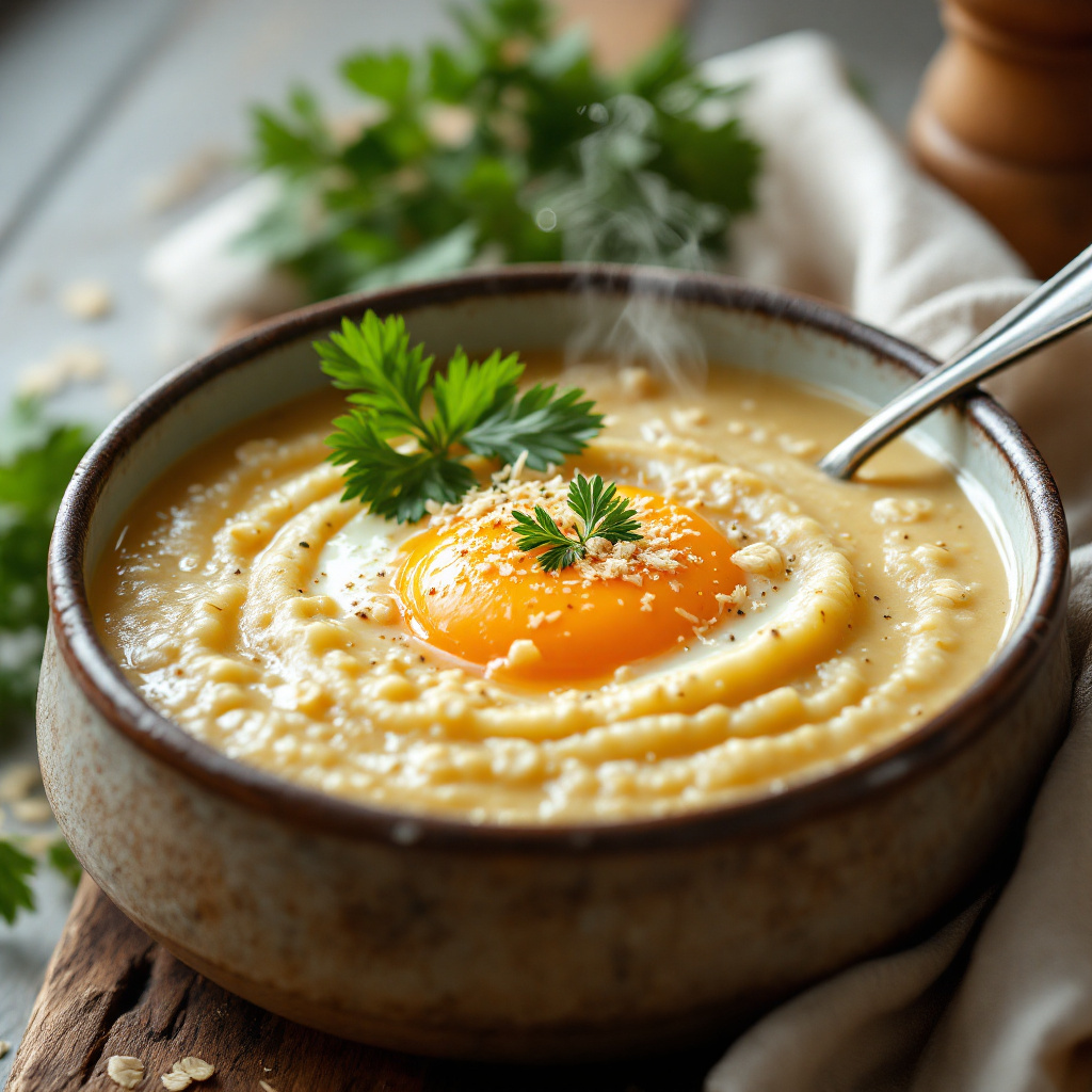 Oatmeal soup with egg yolks and parmesan